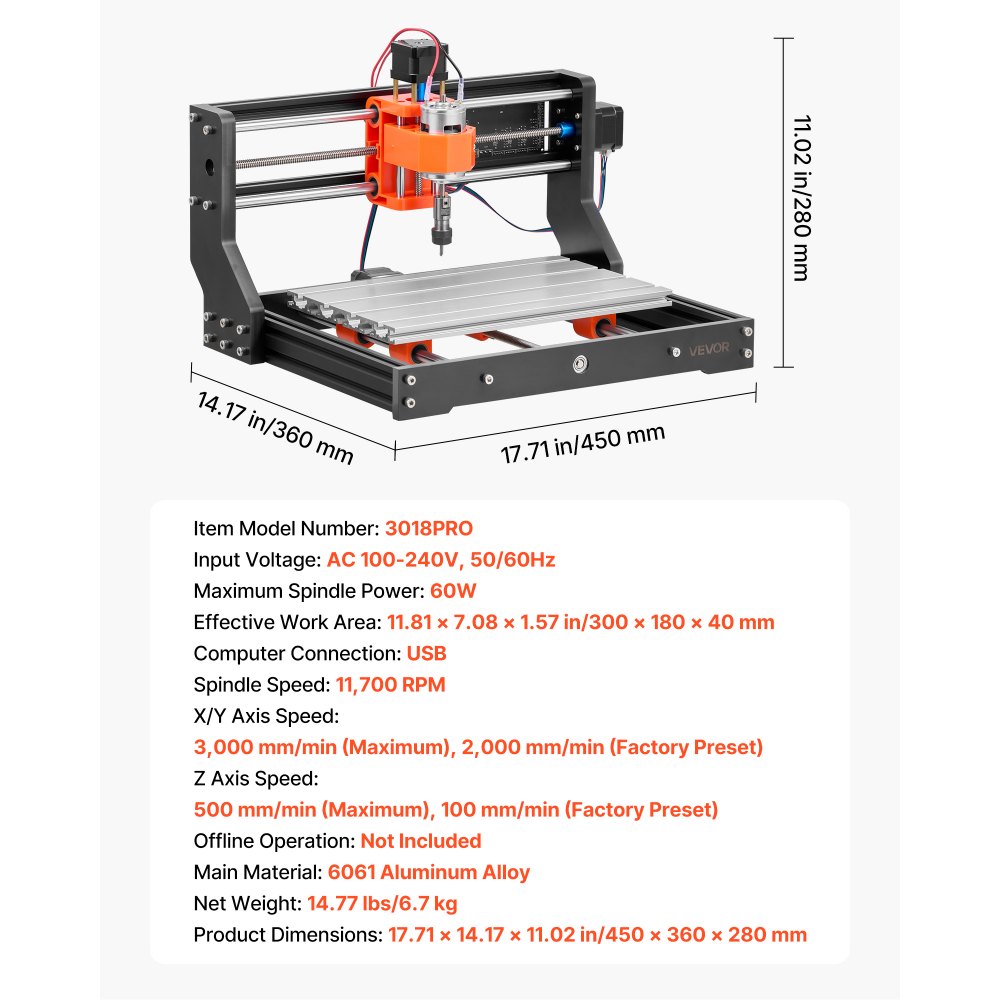 VEVOR 3018 CNC-freesmachine, 60W spindel, 3-assige graveermachine, werkgebied van 300x180x40 mm, behuizing van aluminiumlegering, voor het graveren en snijden van hout en acryl.