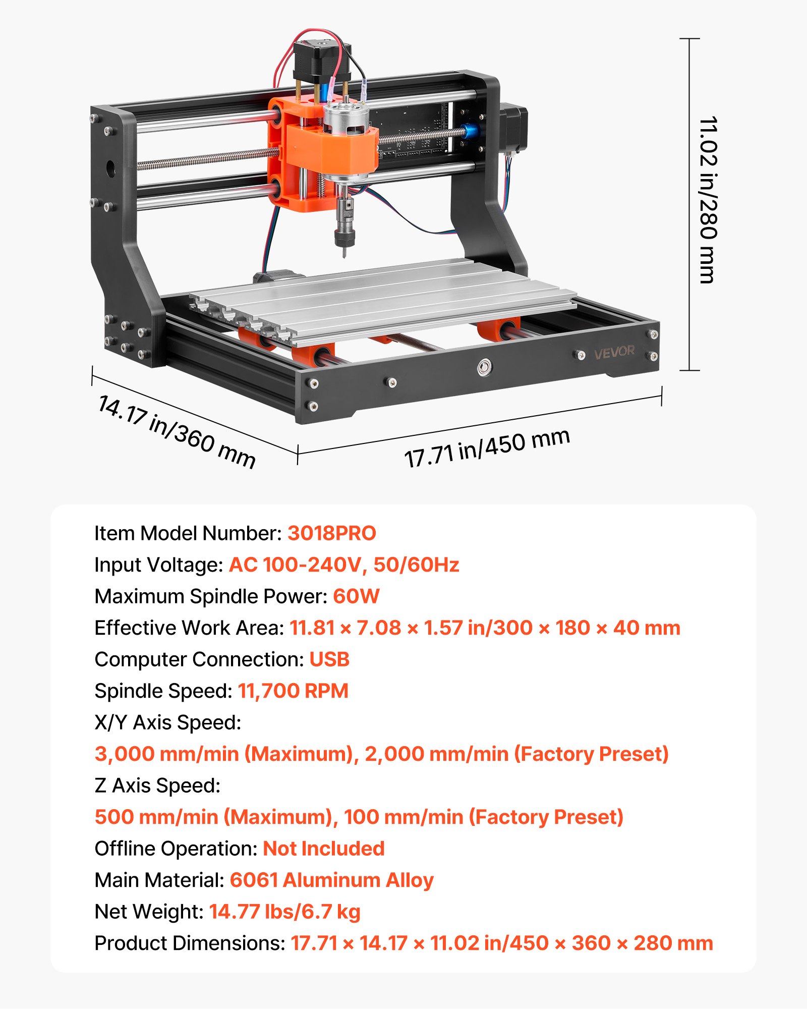 VEVOR 3018 CNC-freesmachine, 60W spindel, 3-assige graveermachine, werkgebied van 300x180x40 mm, behuizing van aluminiumlegering, voor het graveren en snijden van hout en acryl.
