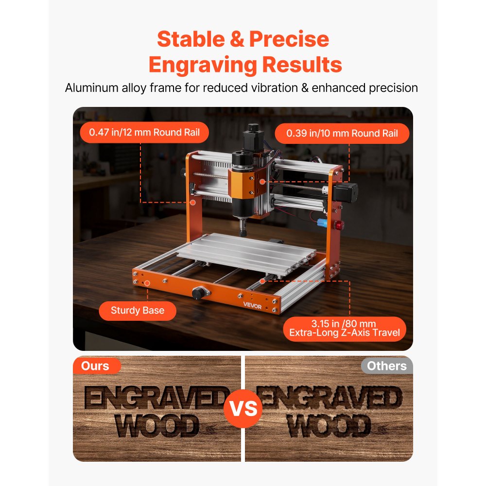 VEVOR CNC-freesmachine, 500W spindel, 3-assige graveermachine, werkgebied 300x180x80 mm, offline besturing, eindschakelaars, noodstop, voor het graveren en snijden van hout, acryl en kunststof.