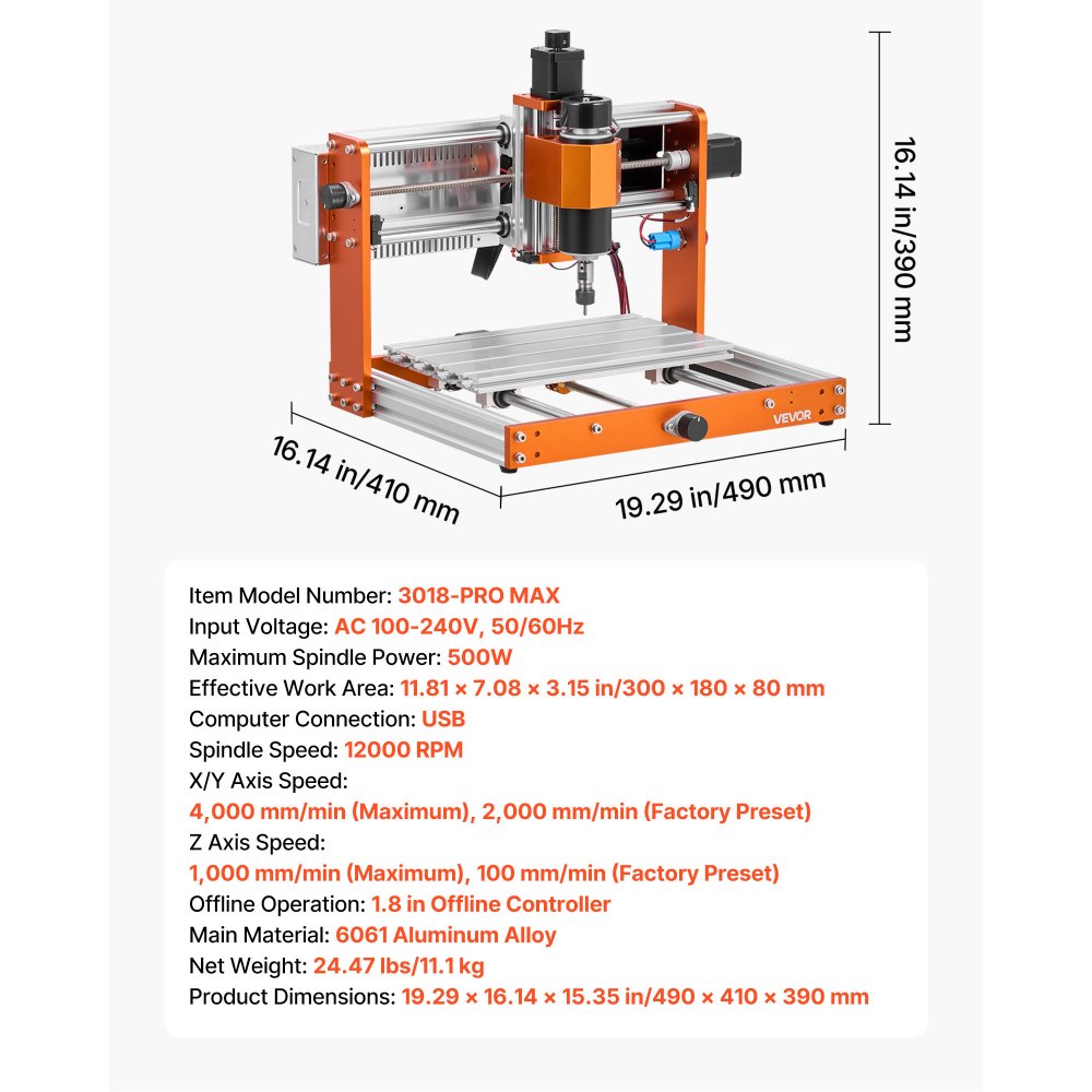 VEVOR CNC-freesmachine, 500W spindel, 3-assige graveermachine, werkgebied 300x180x80 mm, offline besturing, eindschakelaars, noodstop, voor het graveren en snijden van hout, acryl en kunststof.