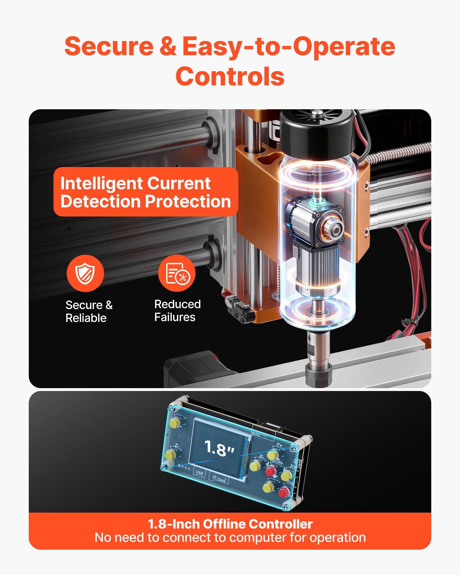 VEVOR CNC Router Machine, 500W Spindle, 3-Axis Wood Engraving Milling Machine, with 300 x 180 x 80 mm Working Area, Offline Controller, Limit Switch, E-Stop, for Wood Acrylic Plastic Carving Cutting