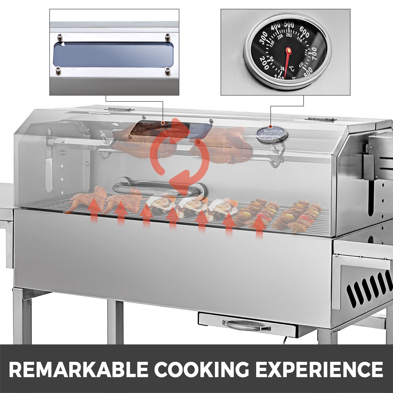 VEVOR 10,8 inch elektrische BBQ-houtskoolgrill 25W roestvrijstalen houtskoolgrill Houtskoolbarbecuegrill Verwijderbare 4 RPM-temperatuurmeter en hefbare vuurplaat Draagbare BBQ-grill voor kamperen