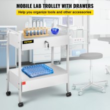 VEVOR Laboratory Cart 2 Tier Stainless Steel Utility Cart, Medical Cart, 2 Drawers, Rolling Laboratory Cart, White Painted Serving Cart with 360° Wheels, for Laboratory, Hospital, Dental Office, Salon