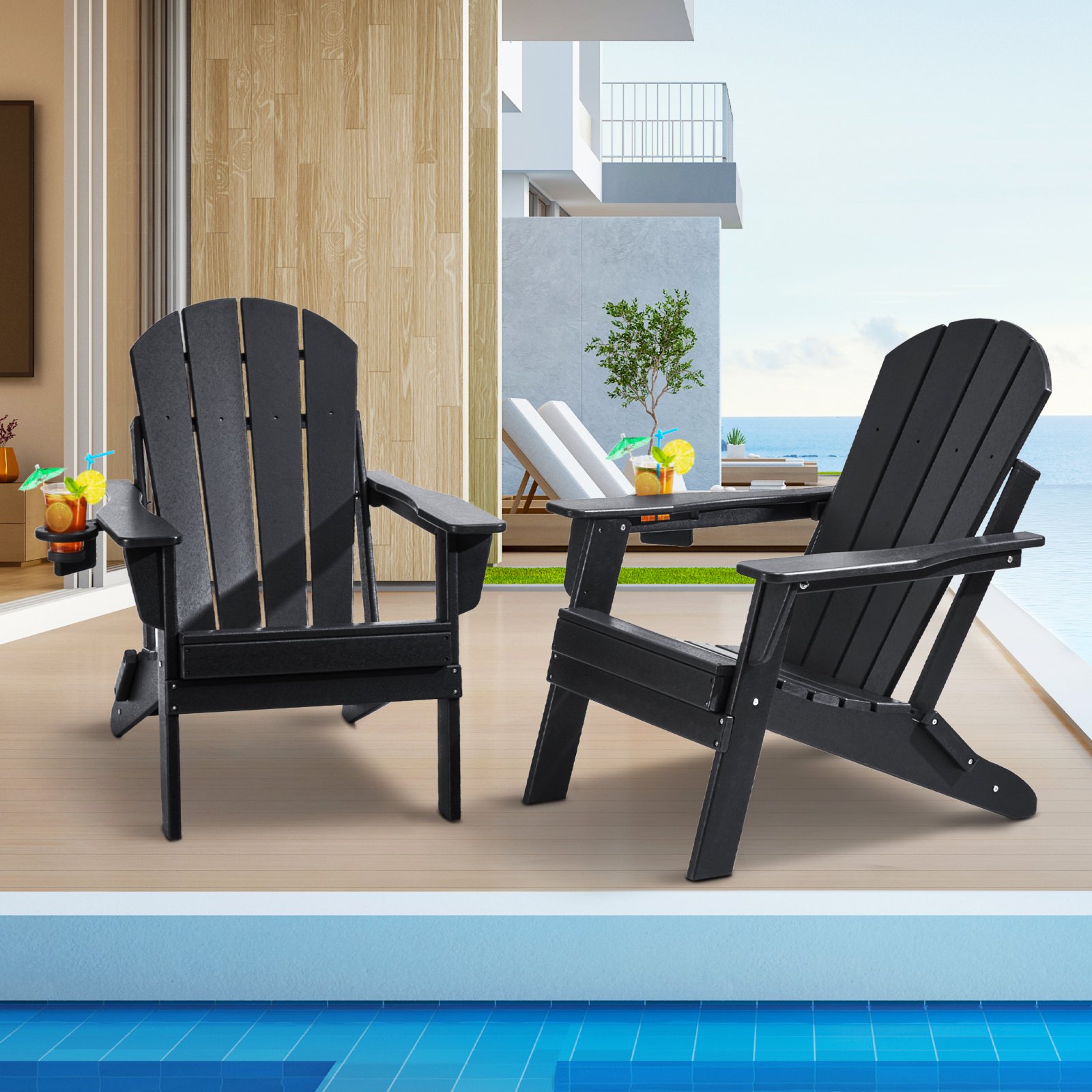 VEVOR Adirondack Chair Plastic, Set of 2 All-Weather Portable Folding Fire Pit Chair, Outdoor Adirondack Patio Chair with Cup Holder, with Relaxing Arm Rest Ergonomic, for Garden, Backyard - Black
