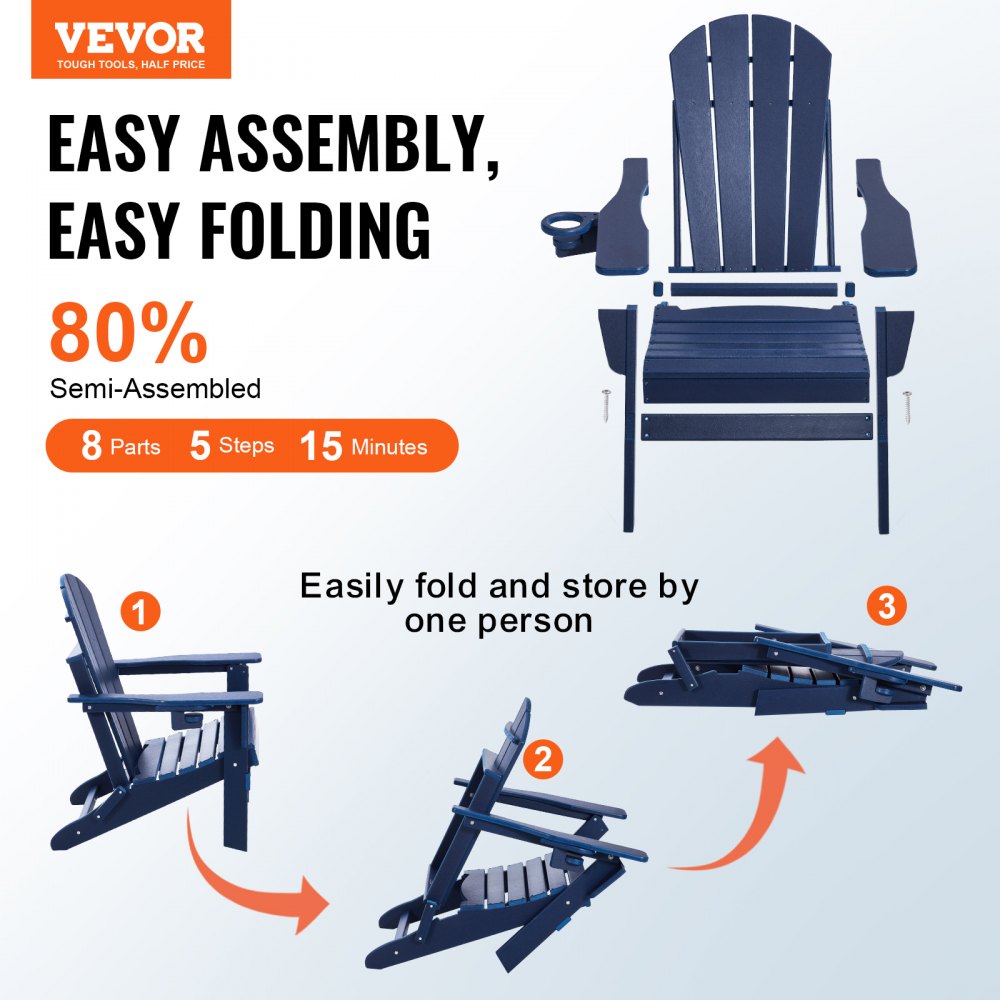 VEVOR Adirondack Chair Plastic, Set of 2 All-Weather Portable Folding Fire Pit Chair, Outdoor Adirondack Patio Chair with Cup Holder, with Relaxing Arm Rest Ergonomic, for Garden, Backyard Navy Blue