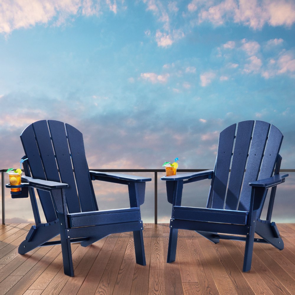 VEVOR Adirondack Chair Plastic, Set of 2 All-Weather Portable Folding Fire Pit Chair, Outdoor Adirondack Patio Chair with Cup Holder, with Relaxing Arm Rest Ergonomic, for Garden, Backyard Navy Blue