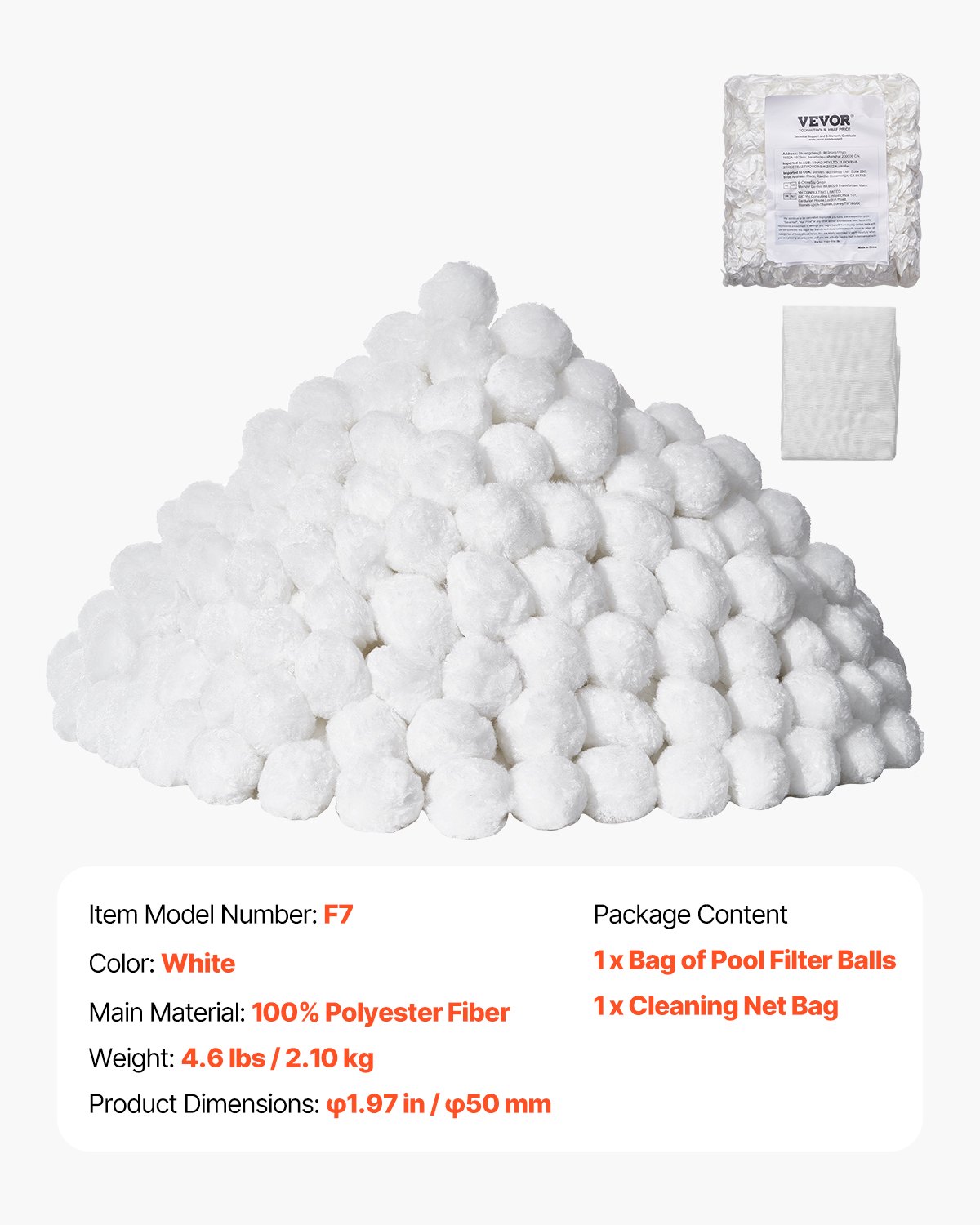 VEVOR Filterballen voor zandfilters, 2,1 kg, Filterballen ter vervanging van zwembadfilterzand, Herbruikbare filtermediaballen van polyestervezels met waszak, voor zwembaden, bovengrondse zwembaden, aquaria