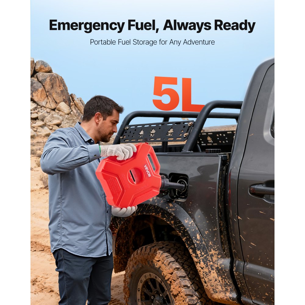 VEVOR 5L brandstofjerrycan, benzinejerrycan met schenktuit en afsluitbare houder, max. debiet 15 l/min, vloeistofcontainer voor de meeste auto's, motoren, ATV's en UTV's, rood