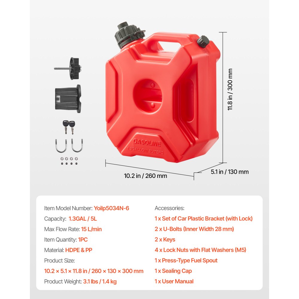 VEVOR 5L brandstofjerrycan, benzinejerrycan met schenktuit en afsluitbare houder, max. debiet 15 l/min, vloeistofcontainer voor de meeste auto's, motoren, ATV's en UTV's, rood