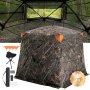 camouflage VEVOR hunting blind with orange accents, portable chair, carrying bag, stakes, and anchors.