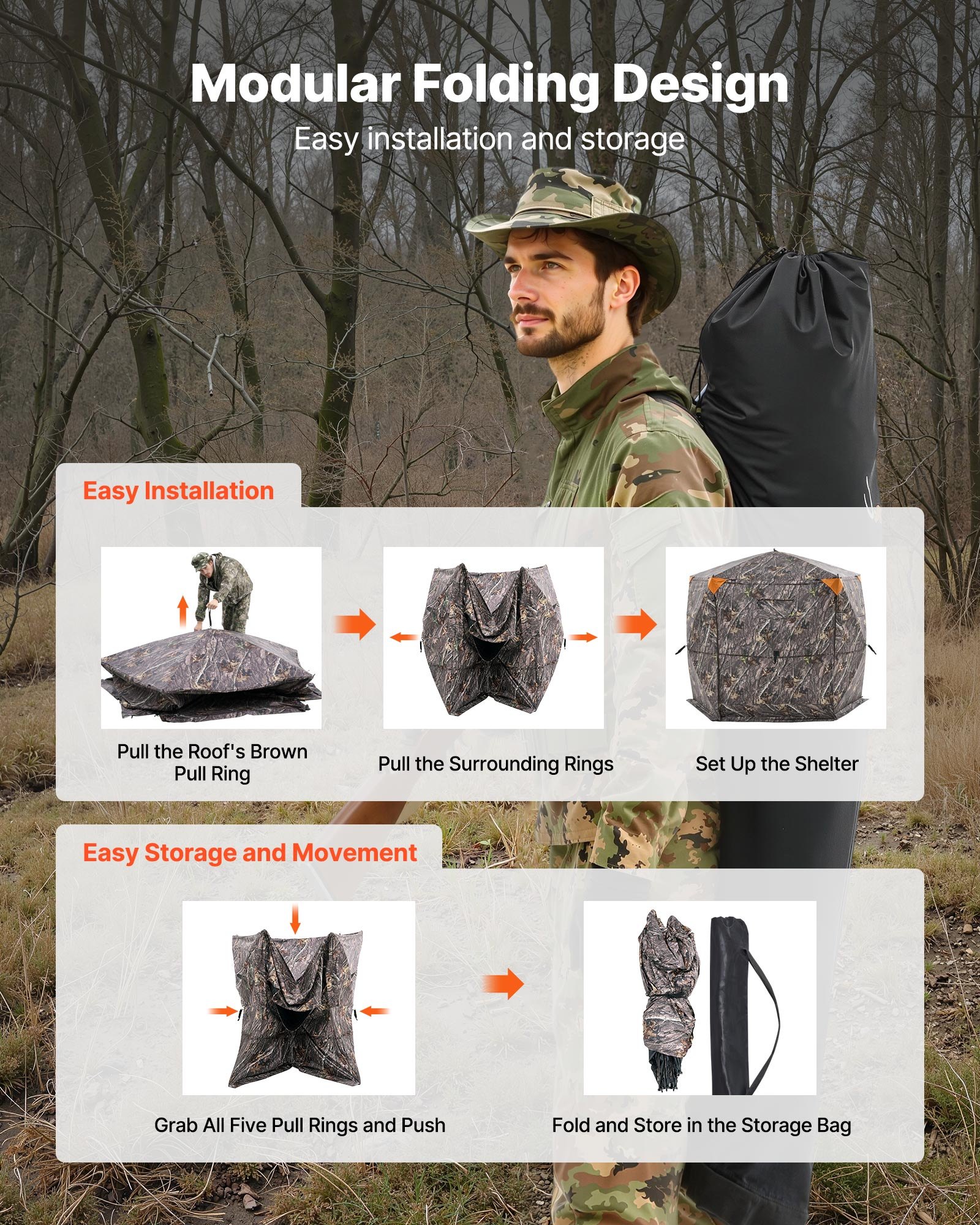 VEVOR Hunting Blind, 6-7 Person, 288 Degree 5 Side See-Through Ground Blinds with Carrying Bag, Portable Camouflage Tent, Durable Concealed Shelter with Silent Zipper Door and Window, for Turkey Deer
