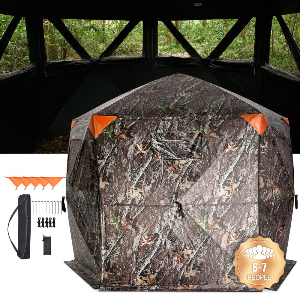 camouflaged VEVOR hunting blind for 6-7 people in a forest setting with accessories and carrying case included.