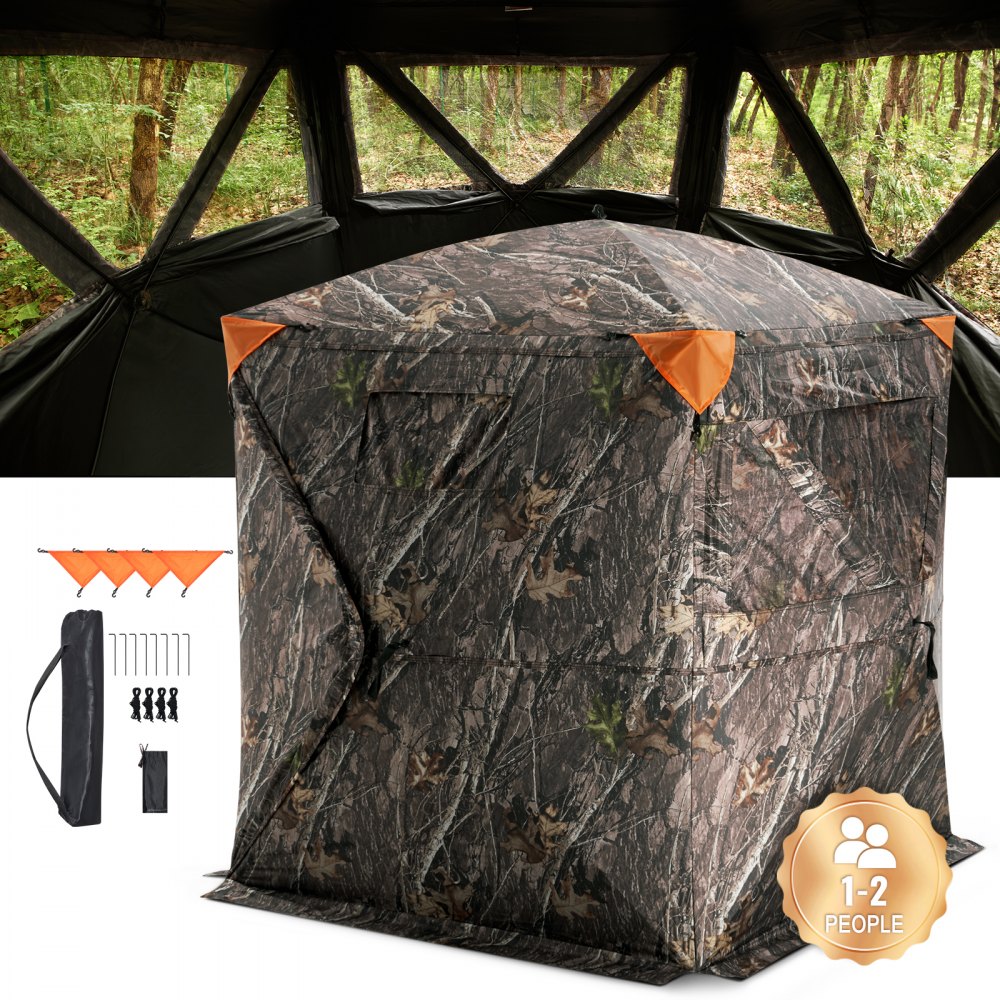 VEVOR hunting blind, camo pattern, forest background, accommodates 1-2 people, includes accessories.