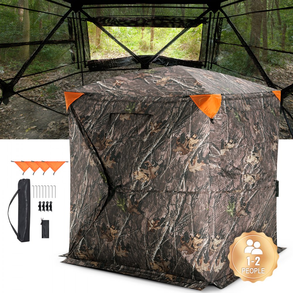 camouflaged VEVOR hunting blind setup in forest, with accessories and bag, suitable for 1-2 people.