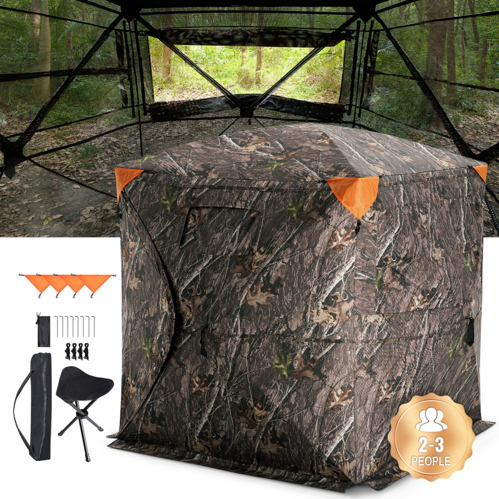 camouflage VEVOR hunting blind with orange accents, 2-3 people capacity, mesh windows, and accessories.