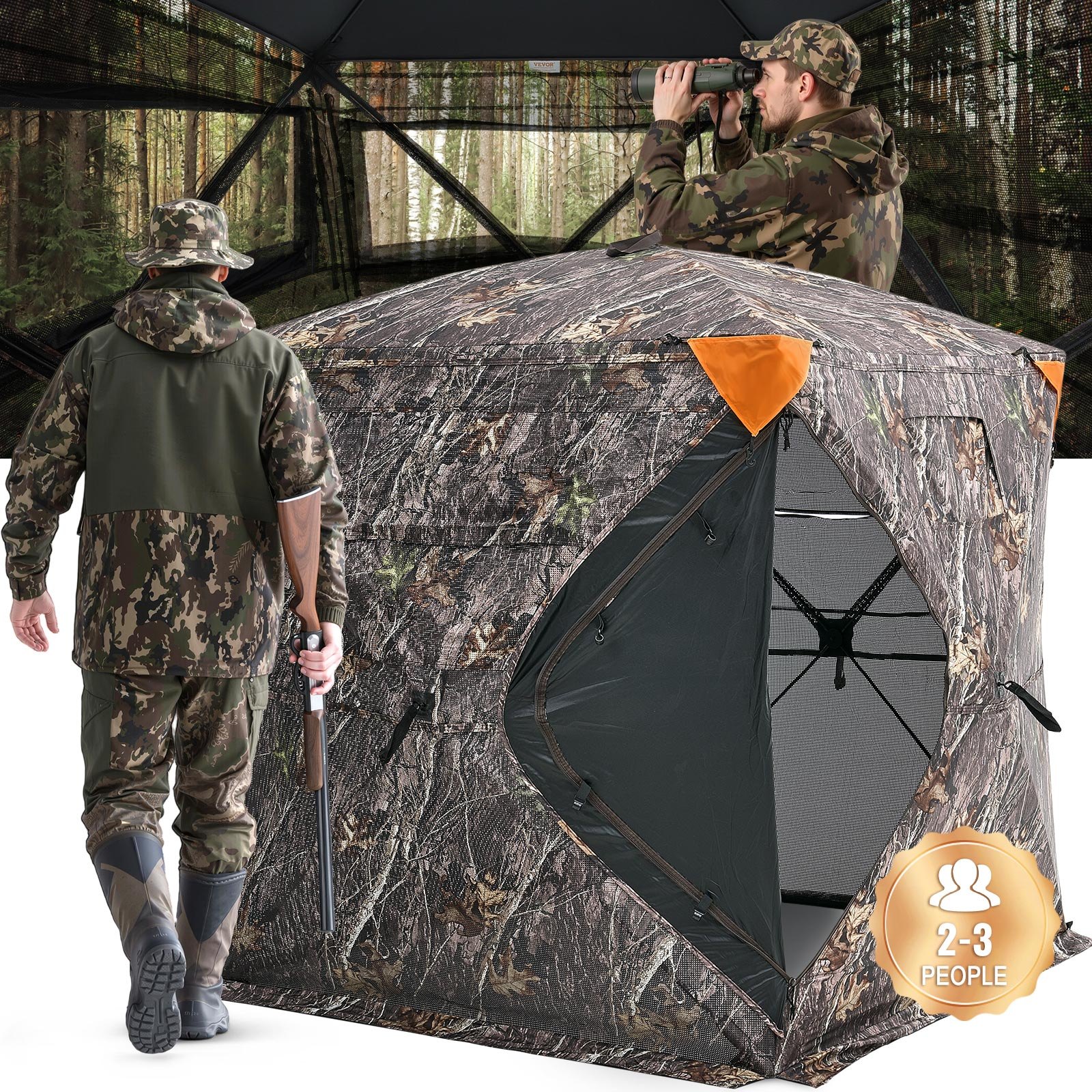 VEVOR Jachttent, Draagbare Camouflagetent voor 2-3 Personen, 270° Transparante Grondschuilplaats, Geschikt voor de Jacht op Kalkoenen en Herten, Jachtschuilplaats met Draagtas, 148 x 148 x 170 cm