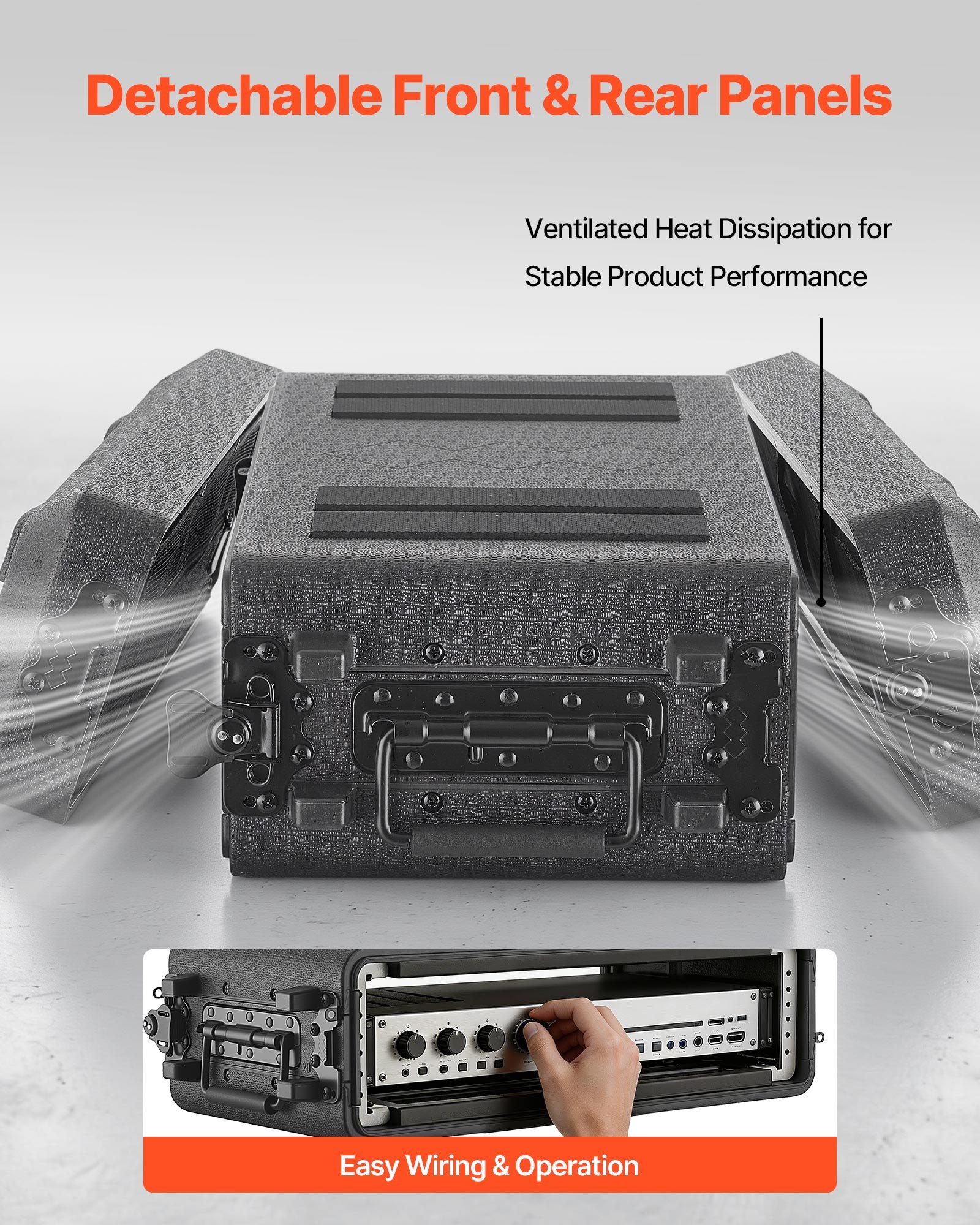 VEVOR 2U rackbehuizing, 26 cm diep, 22 cm interne diepte, rackmount flightcase met microfooncompartiment, polyethyleen constructie, verzonken sluitingen, voor versterkers, processors, controllers