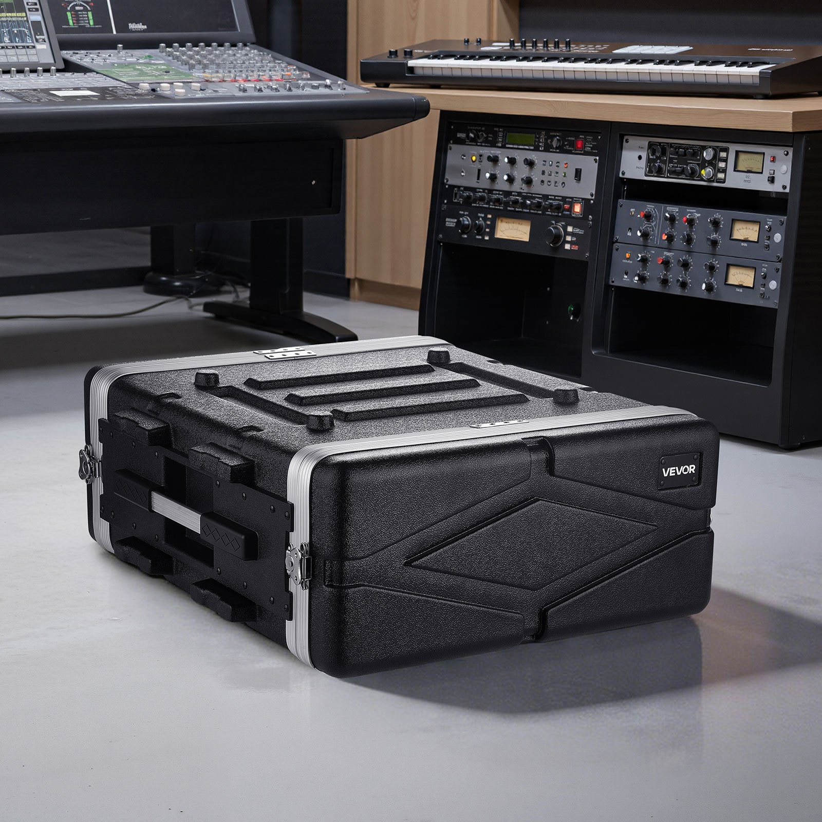 VEVOR 4U rackbehuizing 480 mm, interne diepte rackkast 468 mm, serverkast gemaakt van ABS-kunststof, verzonken draaisluitingen, verwijderbare voor- en achterpanelen, voor versterkers, processors, controllers