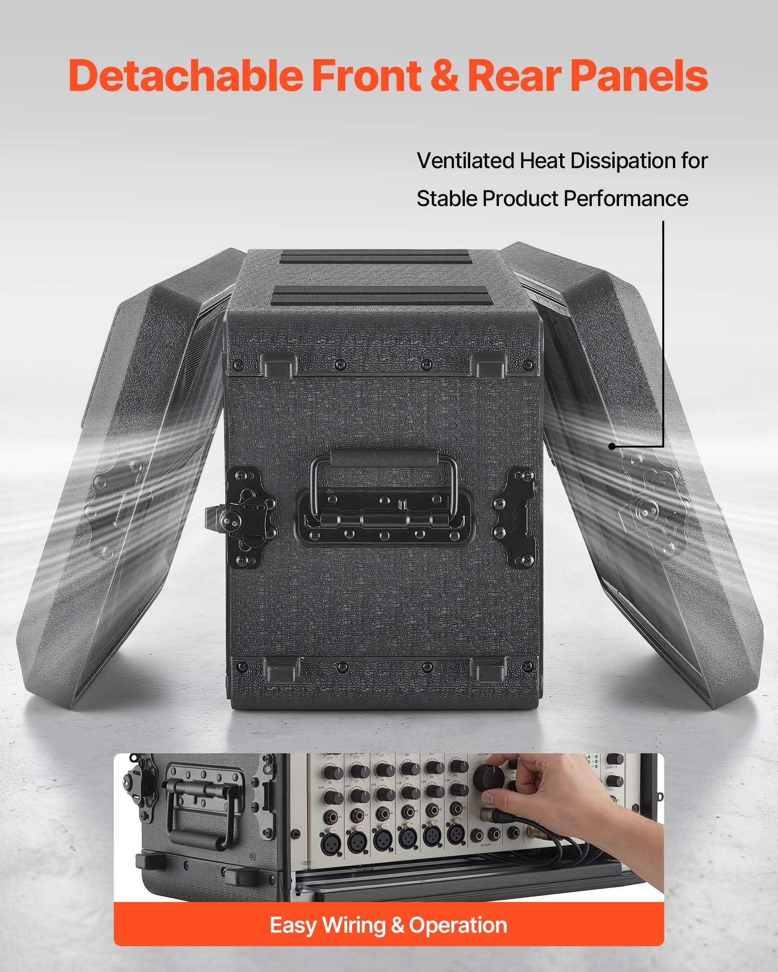 VEVOR 6U rackbehuizing, 26 cm diep, 22 cm interne diepte, rackmount flightcase met microfooncompartiment, polyethyleen constructie, verzonken sluitingen, voor versterkers, processors en controllers.