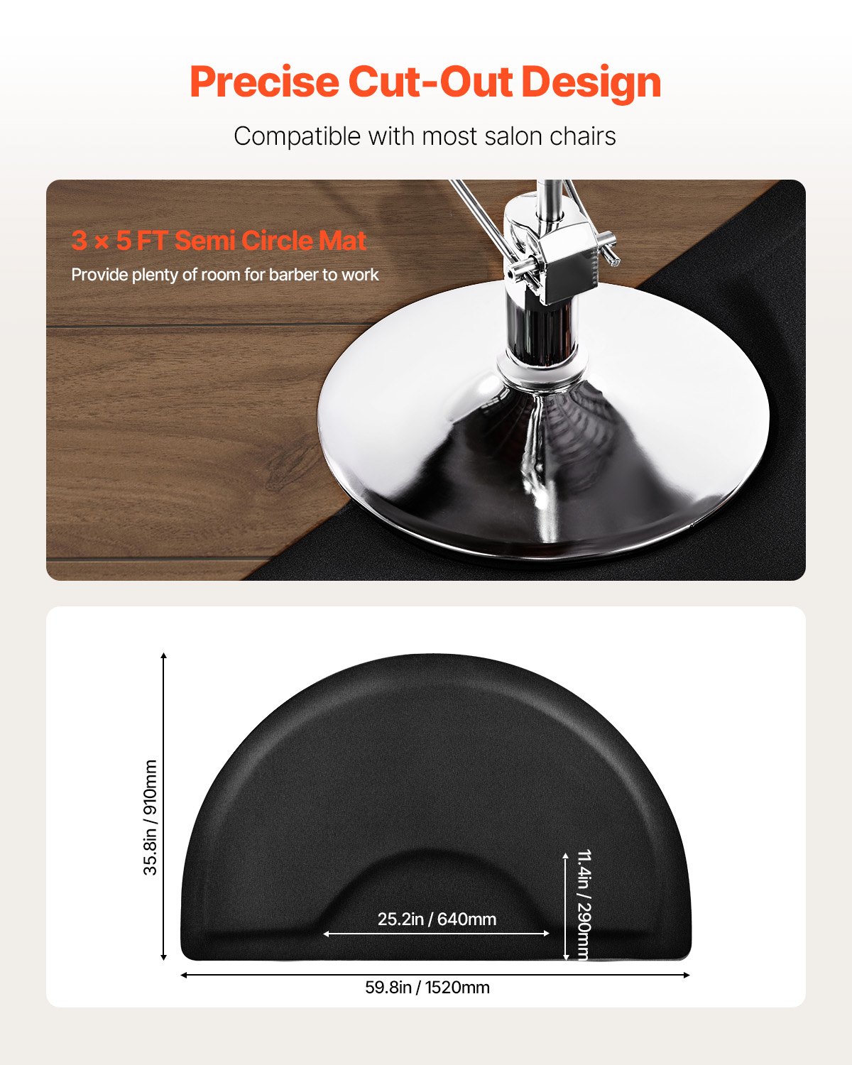 VEVOR Salonmat voor kappers, 910x1520 mm, halfronde staande mat, 13 mm dikke antivermoeidheidsmat met ronde uitsparing, gemakkelijk te reinigen PVC-oppervlak en afgeschuinde randen om struikelen te voorkomen.