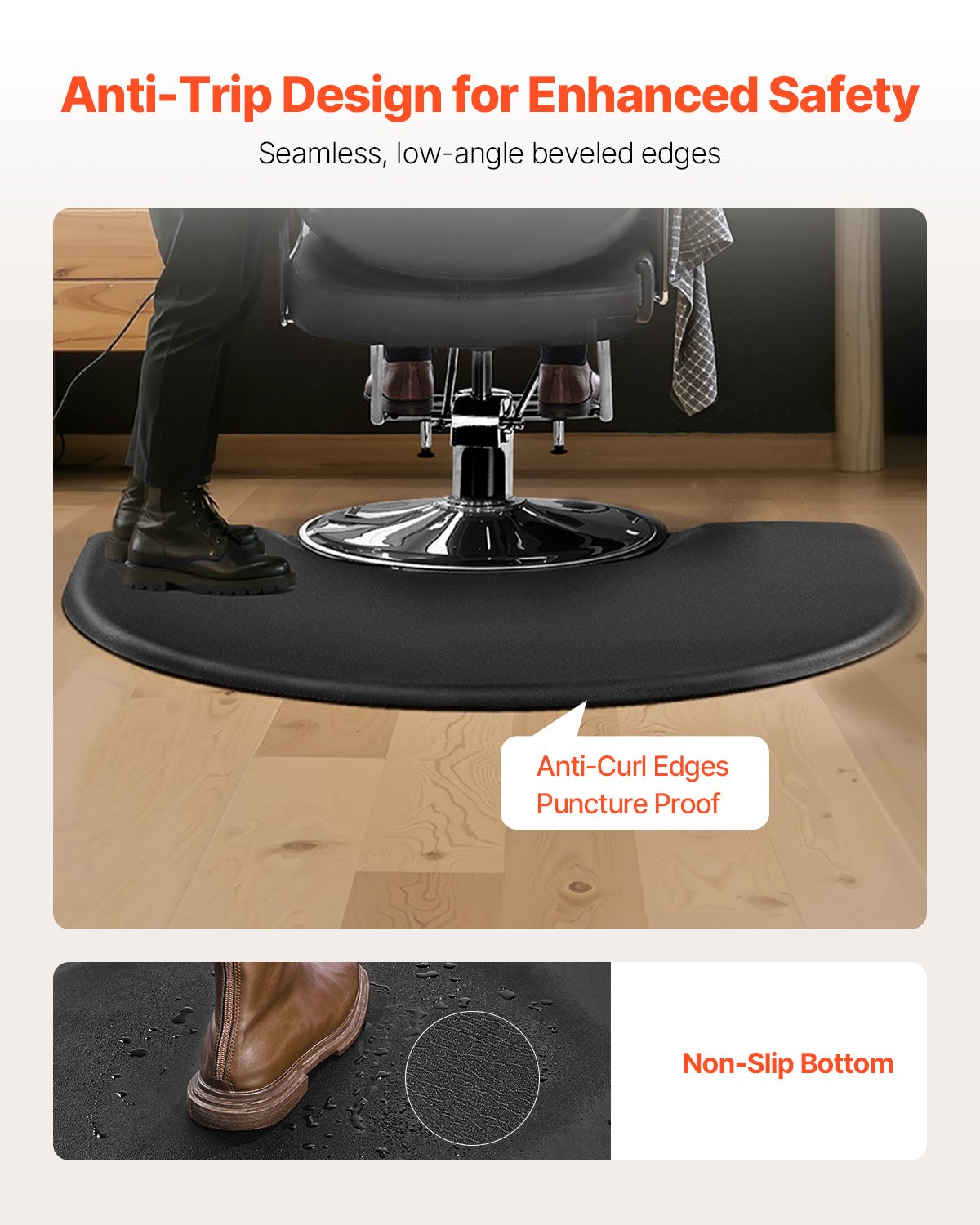 VEVOR Salonmat voor kappers, 930x1220 mm, halfronde staande mat, 25 mm dik, antivermoeidheidsmat voor kapsalons met ronde uitsparing, PVC-oppervlak en afgeschuinde randen om struikelen te voorkomen.