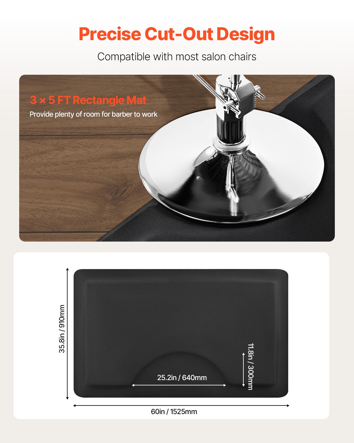 VEVOR Salonmat voor kappers, 1525x910 mm, antivermoeidheidsmat, 13 mm dikke PVC- en NBR-vloermat, afgeschuinde randen ter voorkoming van struikelen en antislip onderkant.