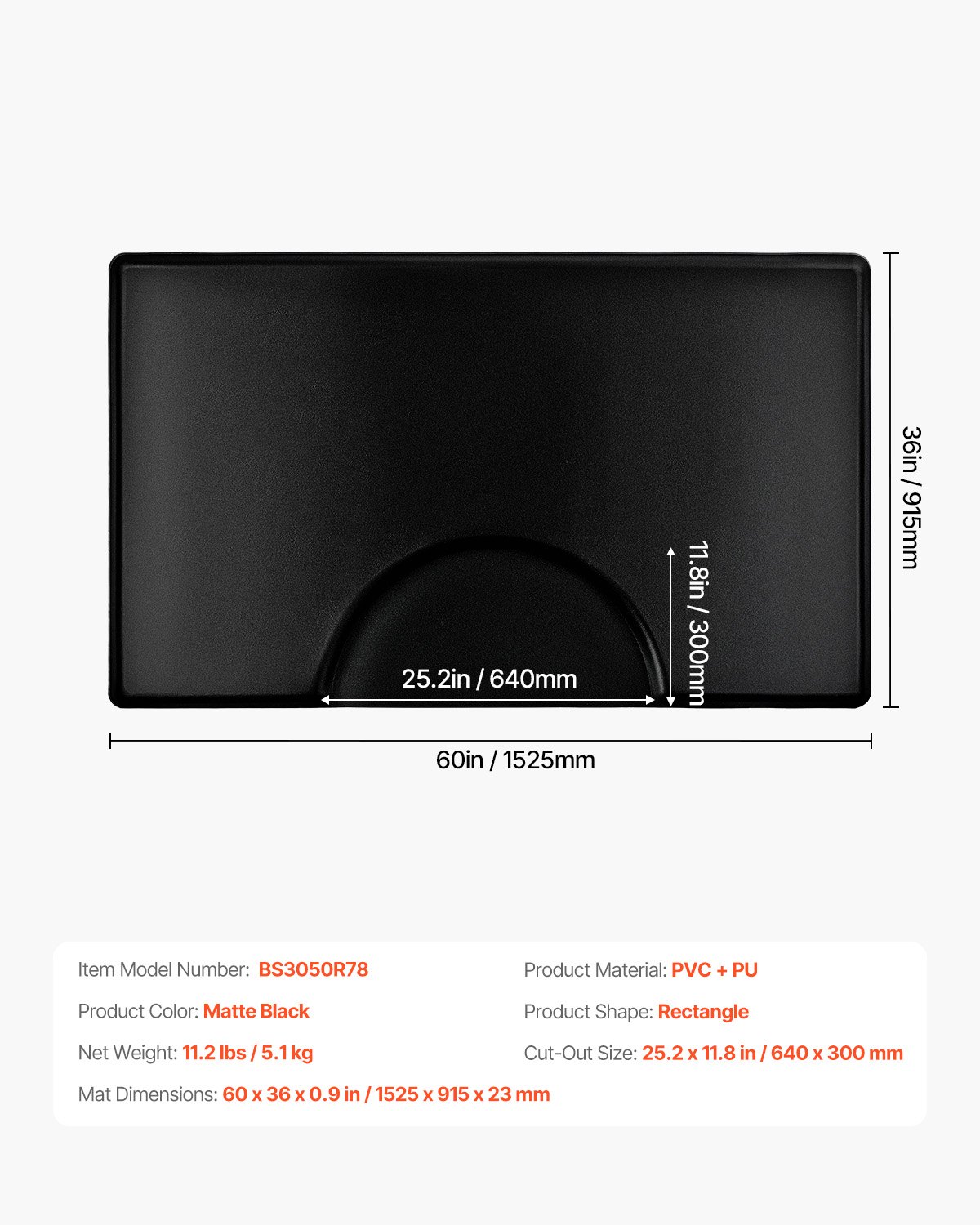 VEVOR Salonmat voor kappers, 1525x915 mm, antivermoeidheidsvloermat, kappersmat 23 mm dik, verdikte PVC & PU vloermat met ronde uitsparing, afgeschuinde randen ter bescherming tegen struikelen