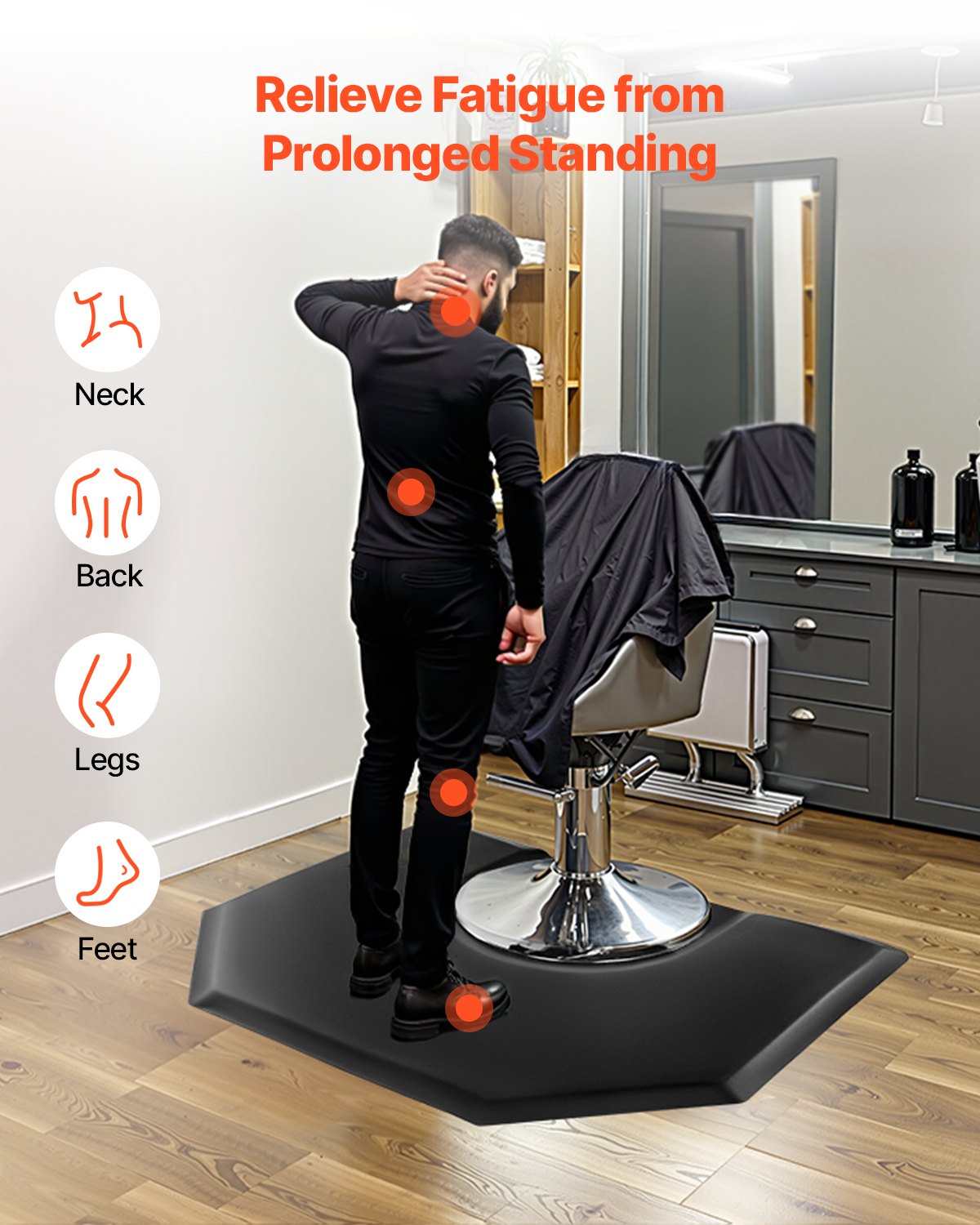 VEVOR Salon Mat for Hair Stylist, 1225 x 1505 mm Hexagon Salon Chair Mat Anti Fatigue, 25mm Thickened Barber Shop Floor Mat with Round Cut Out, Easy-to-Clean PVC Surface & Anti-Trip Beveled Edges