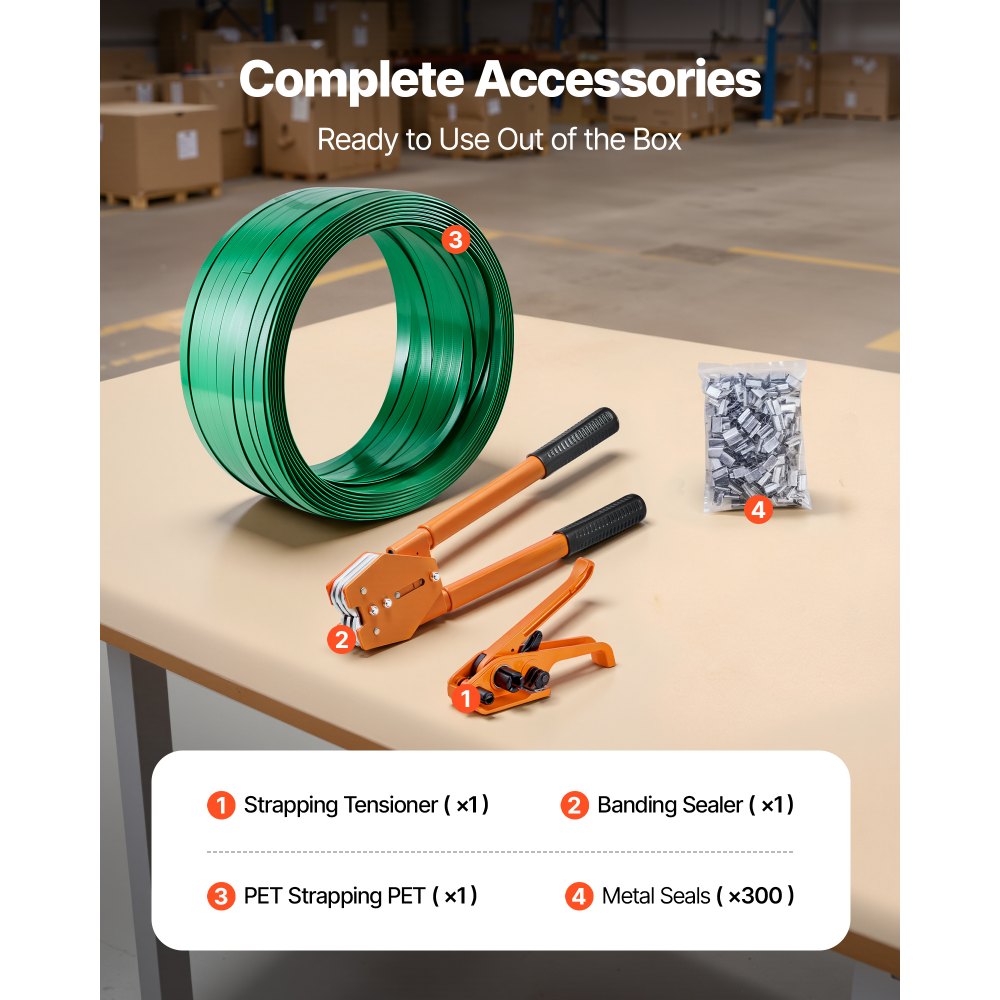 VEVOR 4-delige omsnoeringsset met omsnoeringsband, handmatig omsnoeringsgereedschap met 304,8 m PET-band, 300 metalen clips en snijder. Ideale werkplaatsuitrusting voor industriële verpakking, transport en opslag.