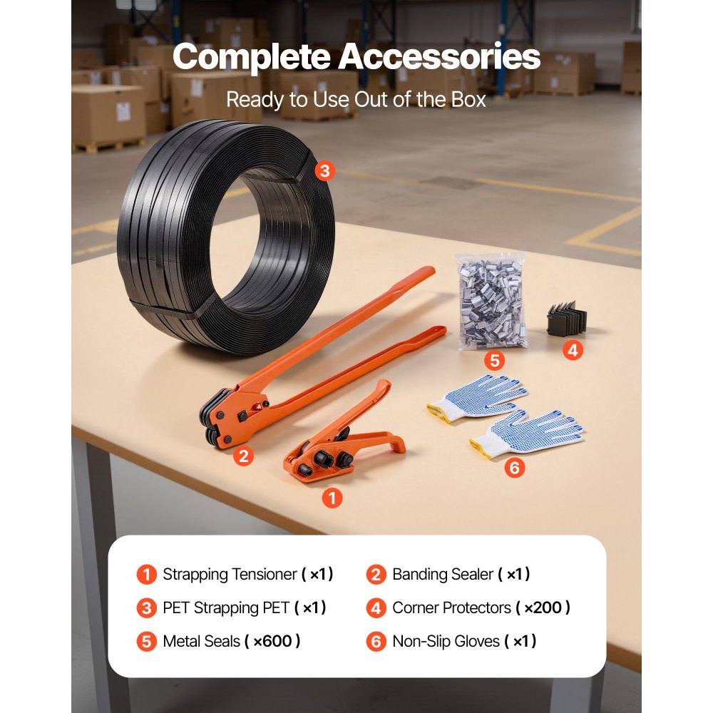 VEVOR Banding Strapping Kit, Heavy Duty Banding Sealer Tool with 610 m PET Band, 600 Metal Seals, 200 Corner Protectors, Plastic Pallet Packaging Strapping Kit for Warehouse, Transportation, Home