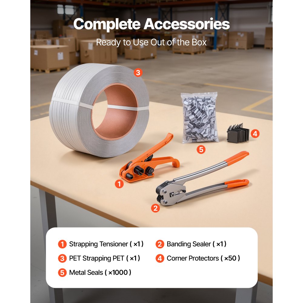 VEVOR Banding Strapping Kit, Heavy Duty Banding Sealer Tool with 975 m Length PP Band, 1000 Metal Seals, 50 Corner Protectors, Plastic Pallet Packaging Strapping Kit for Warehouse/Shipping/Moving
