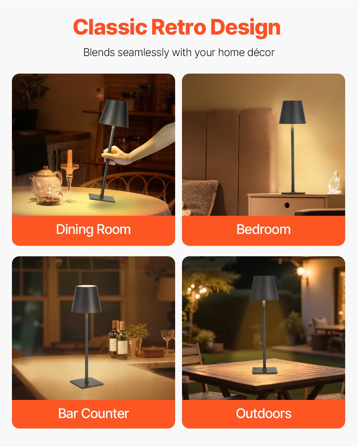 VEVOR Cordless Table Lamp, 2-Pack, 5200mAh Built-in Rechargeable Battery Desk Lamp, 3 Color Stepless Dimming Up, 3000-6500K Color Temperature, Table Light for Restaurant, Bedroom, Outdoor, Black