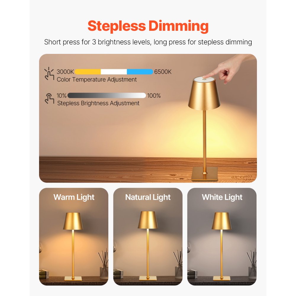 VEVOR Cordless Table Lamp, 2-Pack, 5200mAh Built-in Rechargeable Battery Desk Lamp, 3 Color Stepless Dimming Up, 3000-6500K Color Temperature, Table Light for Restaurant, Bedroom, Outdoor, Gold