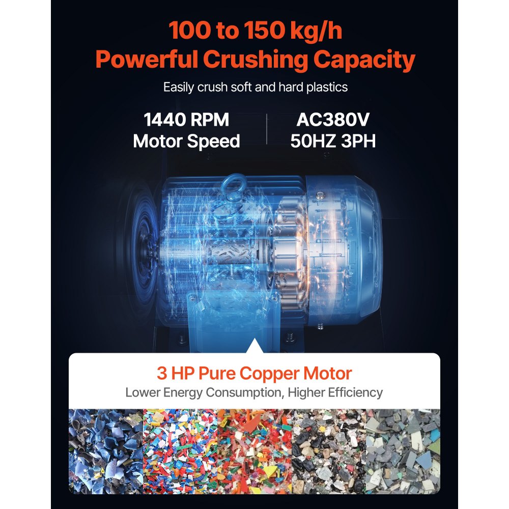 VEVOR Plastic Shredder Crusher, 2,2 kW, Plastic Flessen Granulator, 100-150 kg/u Capaciteit, met Wielen, SDK-11 Mes & 6 mm Gaas voor PVC, ABS, PTFE (380V, 50 Hz 3-fase)