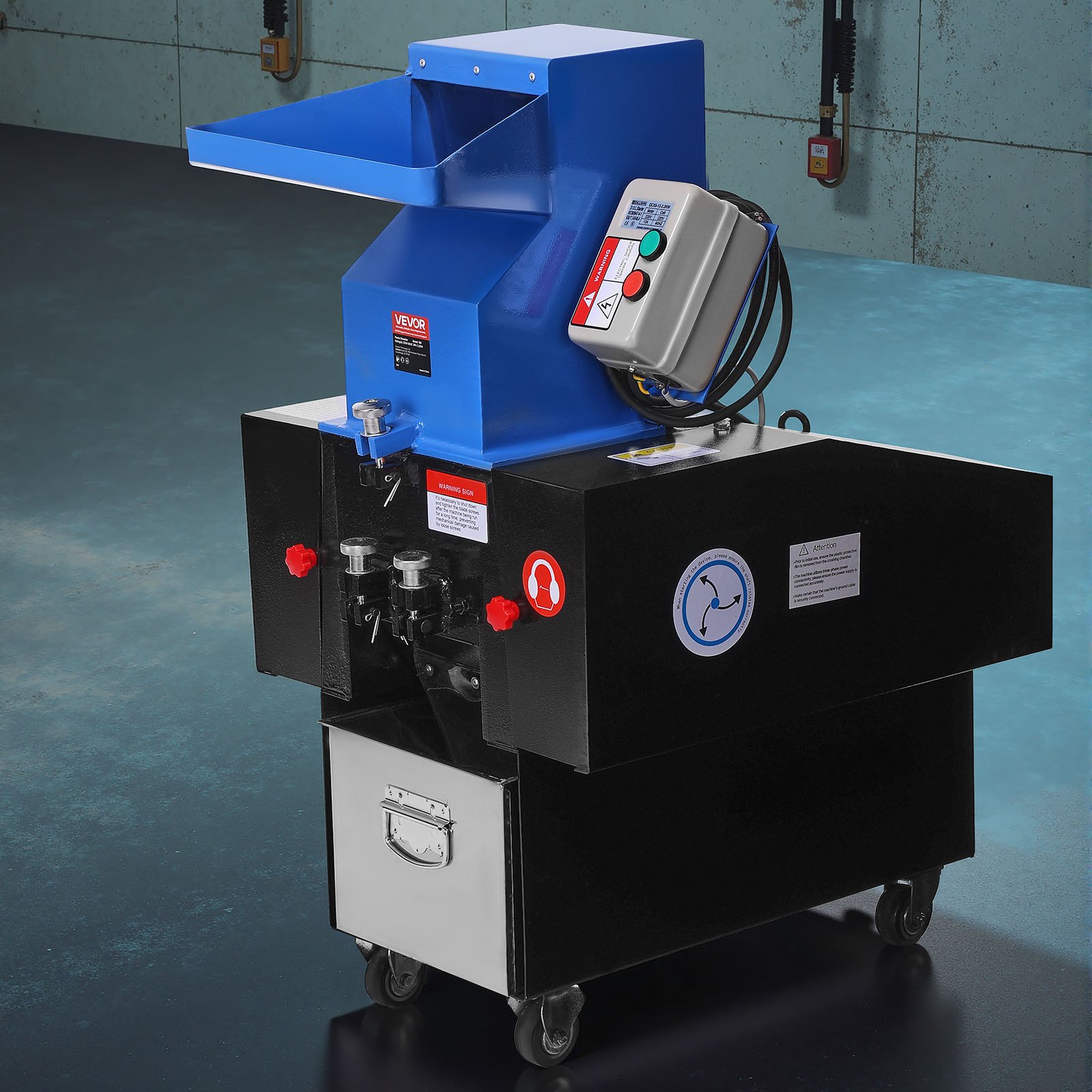 VEVOR Plastic Shredder Crusher, 2,2 kW, Plastic Flessen Granulator, 100-150 kg/u Capaciteit, met Wielen, SDK-11 Mes & 6 mm Gaas voor PVC, ABS, PTFE (380V, 50 Hz 3-fase)