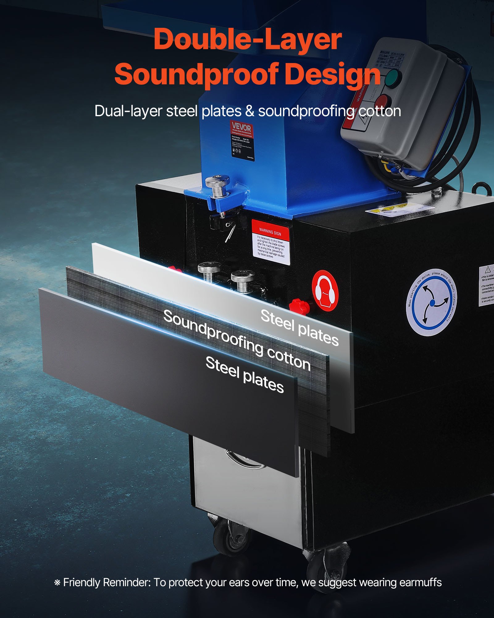 VEVOR kunststofversnipperaar/shredder, 2,2 kW, granulator voor kunststoffen, capaciteit 100–150 kg/u, met wielen, SDK-11 mes en 6 mm zeefmaat voor PVC, ABS, PTFE (380V, 50 Hz 3-fasen)