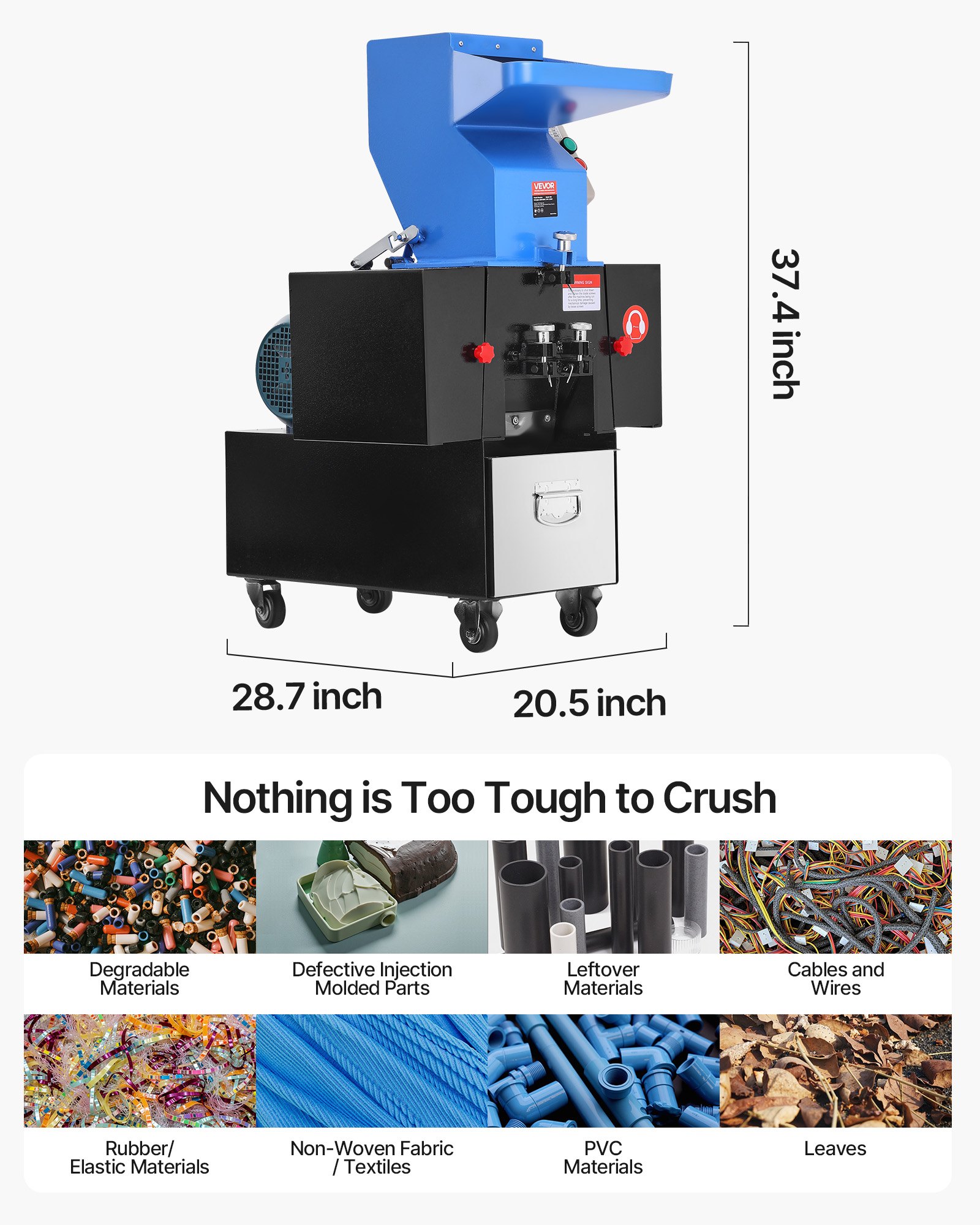 VEVOR kunststofversnipperaar/shredder, 2,2 kW, granulator voor kunststoffen, capaciteit 100–150 kg/u, met wielen, SDK-11 mes en 6 mm zeefmaat voor PVC, ABS, PTFE (380V, 50 Hz 3-fasen)