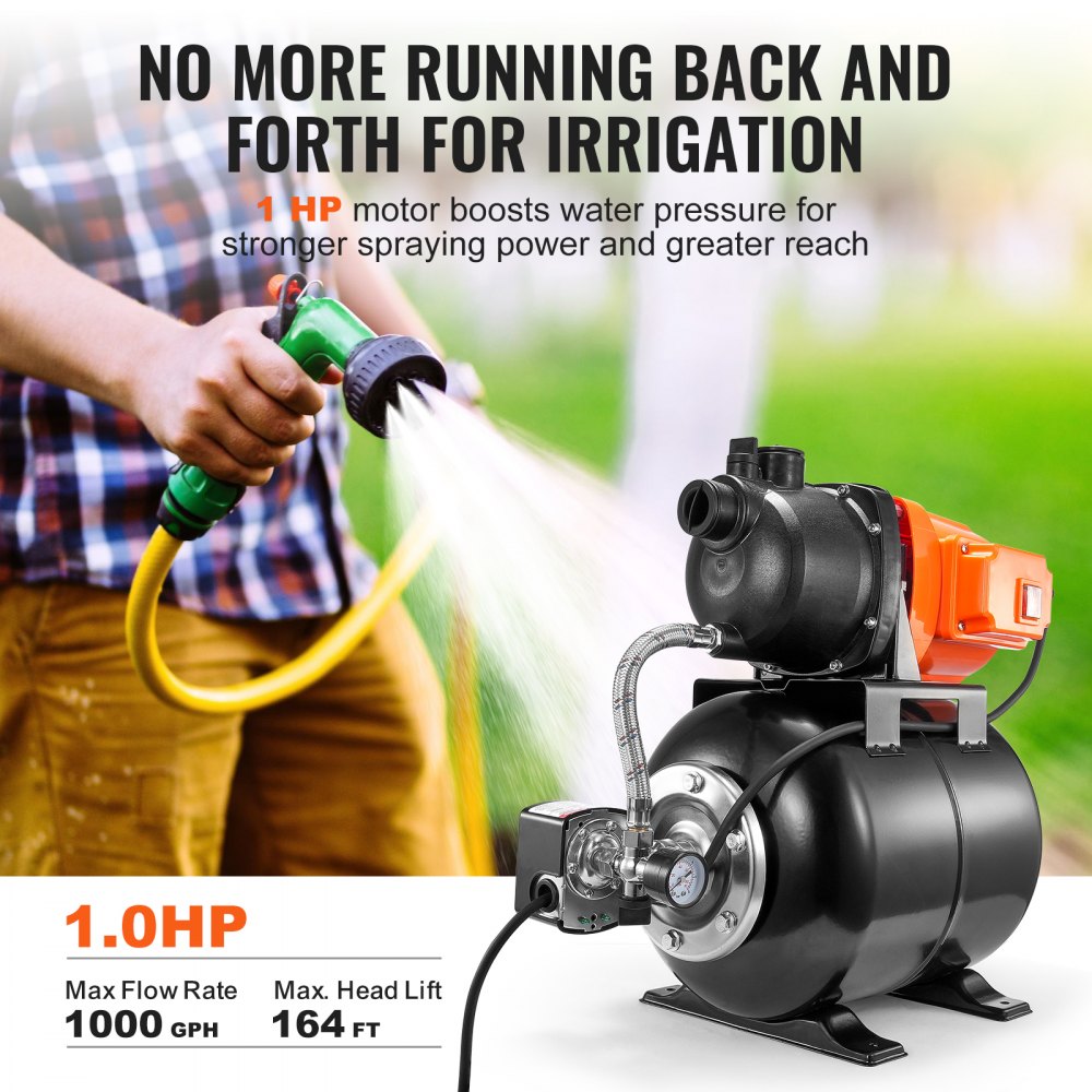 VEVOR 1 HP Shallow Well Pump with Pressure Tank, 1000 GPH/3700 L/H, Automatic Irrigation Water Booster Pump with 164 ft Lift 20/40 PSI Pressure Switch, Thermoplastic Pump Head for Home Garden Lawn