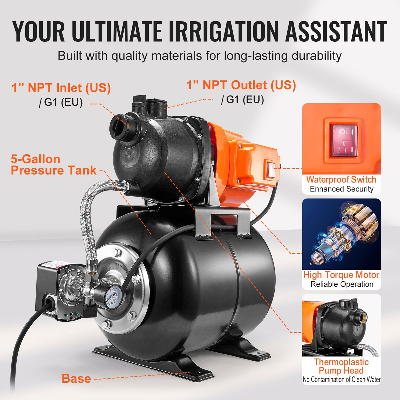 VEVOR 750W tuinpomp, 3700 l/u, automatische irrigatiepomp met 50 m opvoerhoogte, centrifugaalpomp met 20/40 PSI drukschakelaar, ondiepe putpomp, thermoplastische pompkop voor huis, tuin en gazon