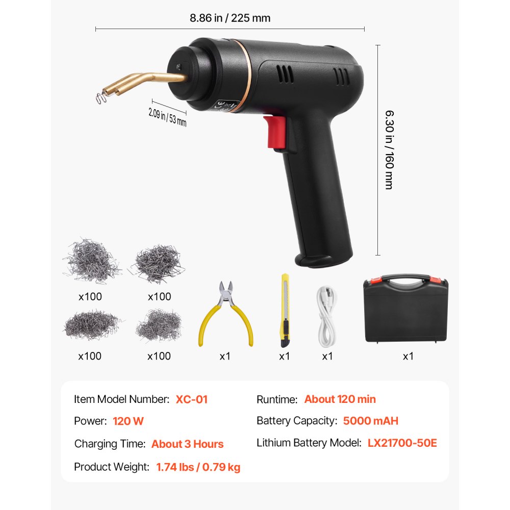 VEVOR Plastic Welder, 120W laspistool met 400 stuks 4 soorten hete nietjes, plastic reparatieset voor plastic autobumpers voor kajaks, speelgoed, repareren van plastic scheuren