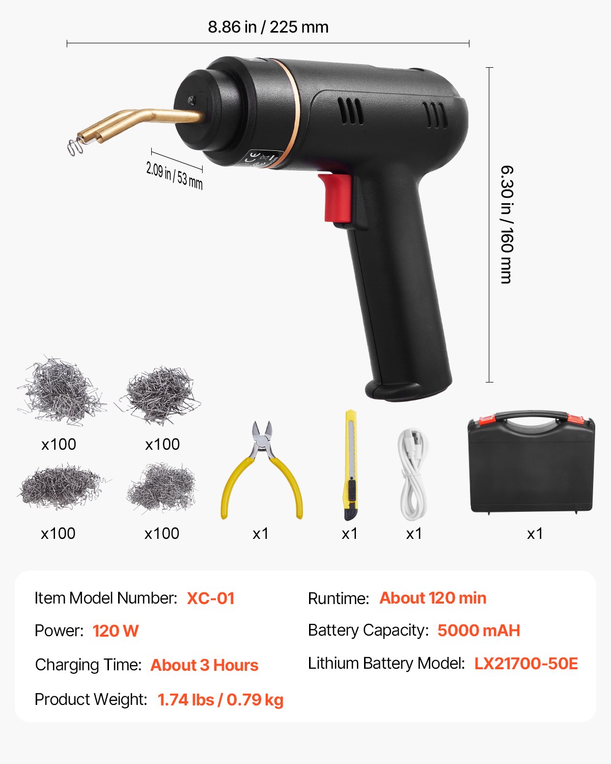 VEVOR Plastic Welder, 120W laspistool met 400 stuks 4 soorten hete nietjes, plastic reparatieset voor plastic autobumpers voor kajaks, speelgoed, repareren van plastic scheuren