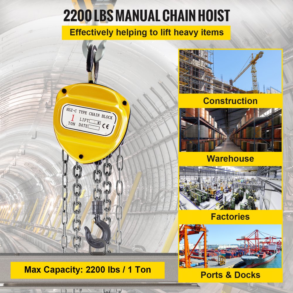 VEVOR Chain Hoist 2200lbs/2ton Chain Block Hoist Manual Chain Hoist 6m/20ft Block Chain Hand Chain Lifting Hoist with Two Hooks Chain Pulley Tackle Hoist Winch