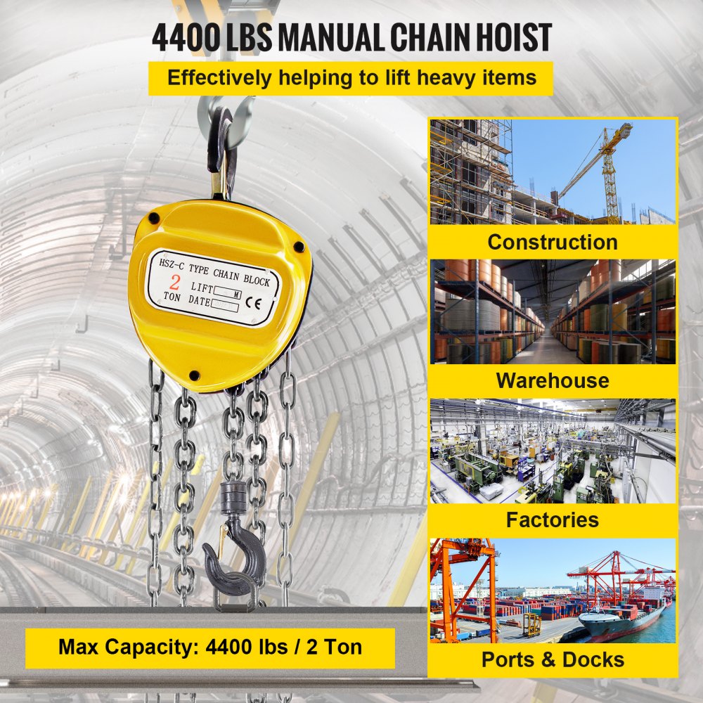 VEVOR Chain Hoist 4400lbs/2ton Chain Block Hoist Manual Chain Hoist 3m/10ft Block Chain Hand Chain Lifting Hoist with Hooks Chain Pulley Tackle Hoist Winch