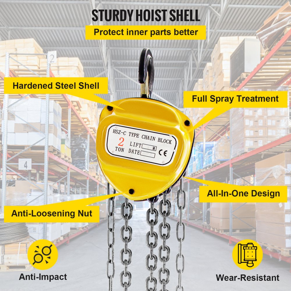 VEVOR Chain Hoist 4400lbs/2ton Chain Block Hoist Manual Chain Hoist 3m/10ft Block Chain Hand Chain Lifting Hoist with Hooks Chain Pulley Tackle Hoist Winch