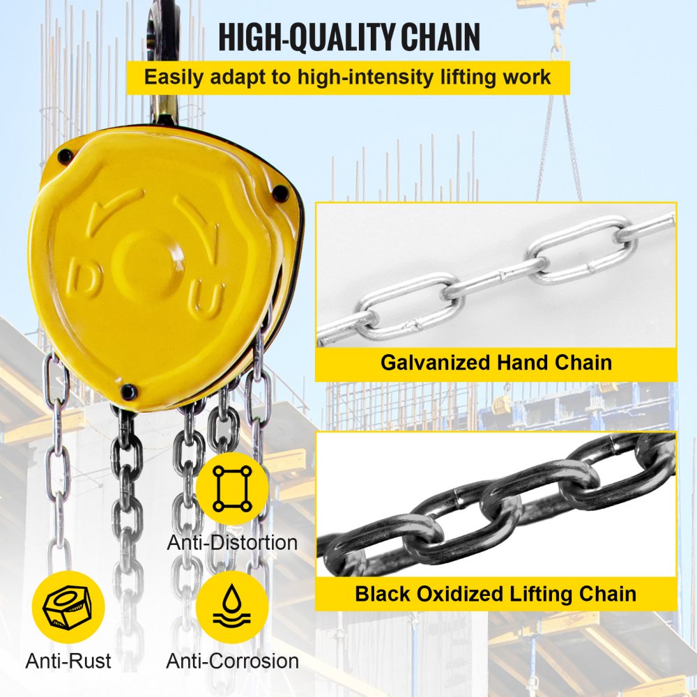 VEVOR Chain Hoist 4400lbs/2ton Chain Block Hoist Manual Chain Hoist 3m/10ft Block Chain Hand Chain Lifting Hoist with Hooks Chain Pulley Tackle Hoist Winch