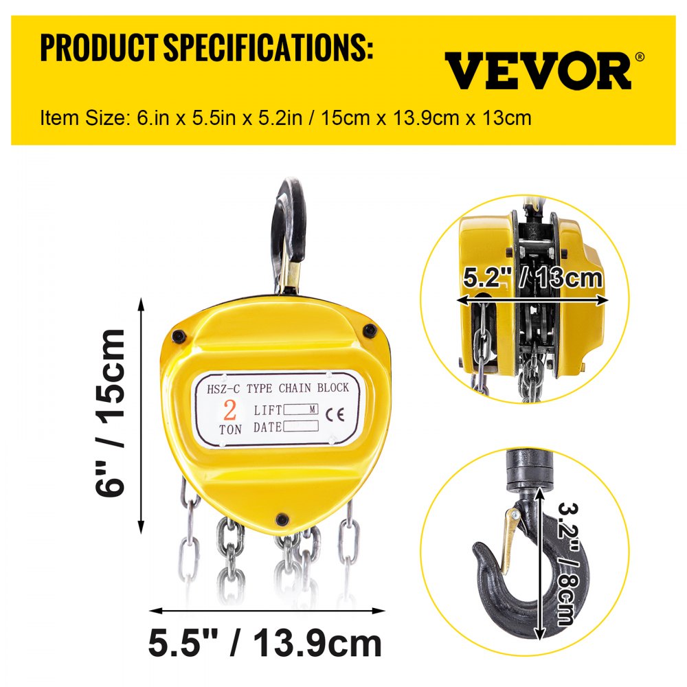 VEVOR Chain Hoist 4400lbs/2ton Chain Block Hoist Manual Chain Hoist 3m/10ft Block Chain Hand Chain Lifting Hoist with Hooks Chain Pulley Tackle Hoist Winch