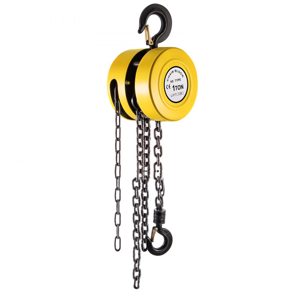 yellow 1-ton VEVOR hand chain hoist with sturdy black hooks and metal chains.