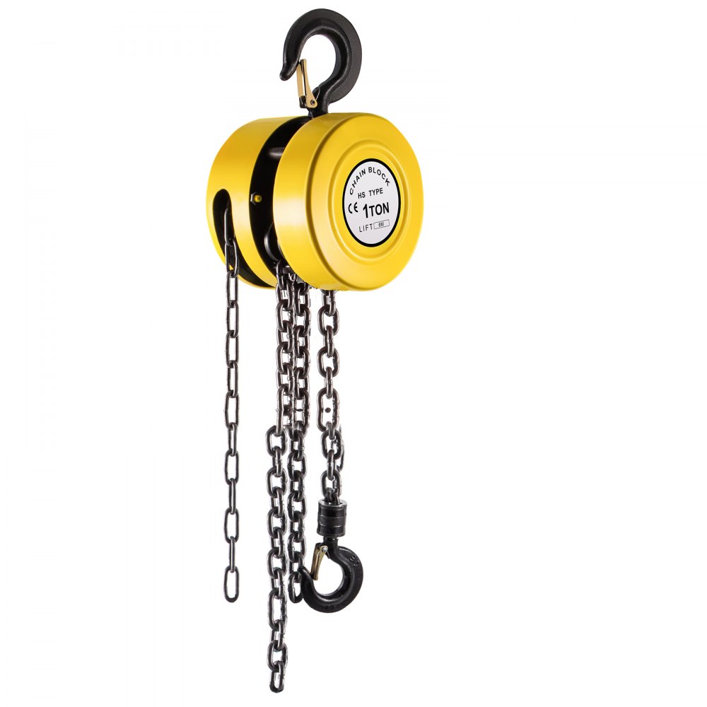 yellow VEVOR hand chain hoist with chains and hooks, 1 ton capacity.