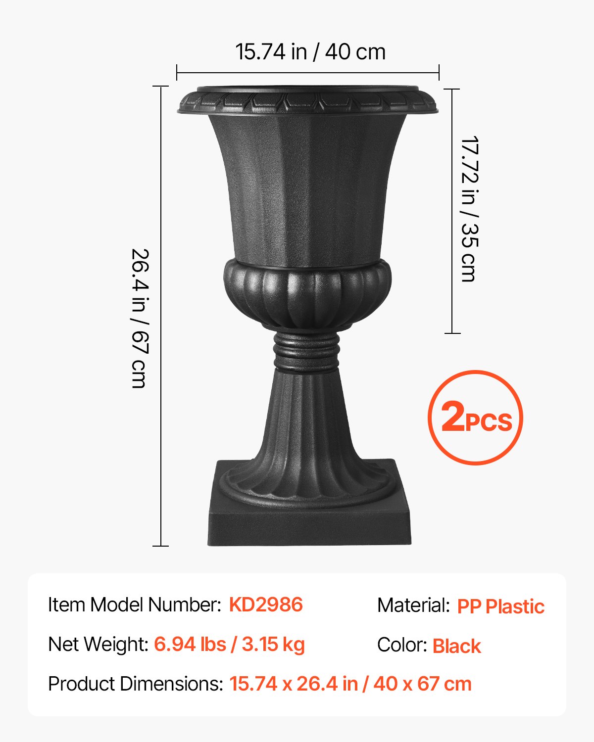 VEVOR Plastic Bloempotstandaard, 40x67 cm, 2-Pack, Bloempot, Plantenschaal, Zwarte Bloempotten, voor Veranda, Bruiloft, Feest, Huis, Podium, Balkon, Terrasdecoratie