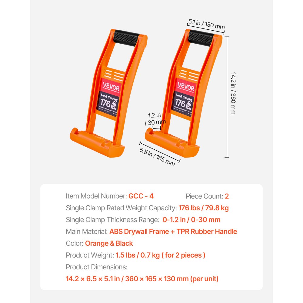 VEVOR Gipsplaatdrager met draaggreep, 2-pack ABS-kunststof gipsplaatdrager met een draagvermogen van 80 kg, paneeltransporter voor het tillen en vervoeren van multiplex, spaanplaat en gehard glas